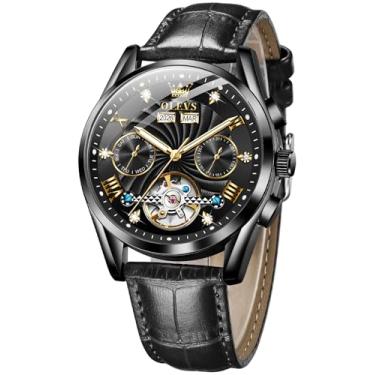 Imagem de OLEVS Relógio masculino de couro esqueleto automático mecânico turbilhão calendário fase da lua luminoso à prova d'água relógio de pulso luxuoso para negócios, 7088: mostrador preto e couro preto