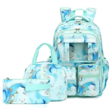 Imagem de Kouxunt Mochila escolar para adolescentes, 3 peças, mochilas para porta de geladeira com lancheira isolada, bolsa lápis para crianças e estudantes, Verde mármore, Large