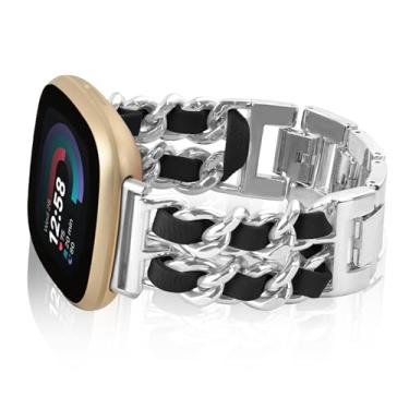 Imagem de Alociaga Pulseira feminina de metal compatível com Fitbit Versa 4/Sense 2/Versa 3/Sense, pulseira de metal com couro para smartwatch Fitbit