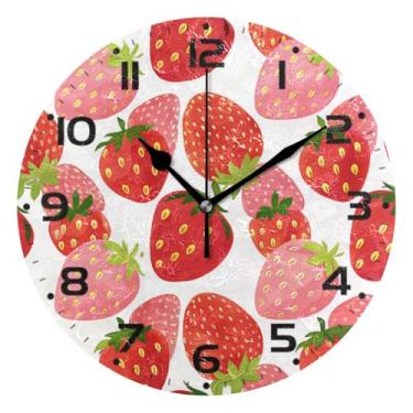 Imagem de JUZIHAI Lindo relógio de parede de morango, silencioso, sem tique-taque, relógios de parede redondos operados por bateria, fácil de ler, relógio decorativo de parede para casa, cozinha, sala de estar