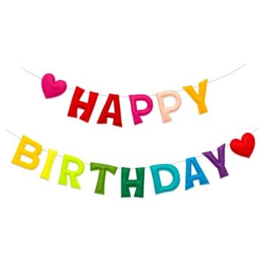 Imagem de Homeral Faixa colorida de feliz aniversário 3D pré-amarrada com coração, guirlanda reutilizável de feltro feliz, decorações de festa arco-íris, placa de aniversário personalizada para meninas, meninos