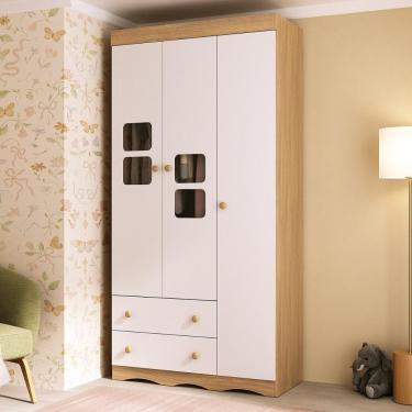 Imagem de Guarda-roupa Infantil 92cm Com Vidro 3 Portas E 2 Gavetas Serena Multimóveis MP4431 Madeirado/branco