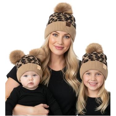 Imagem de Funky Junque Mamãe e Me, gorros, mulheres, crianças, bebês, roupas de Natal combinando para mãe e bebê, chapéus de pompom de inverno, Adulto/criança pequena (pacote único)/infantil (pomada dupla) -