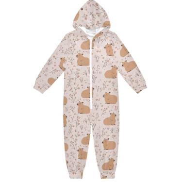 Imagem de Macacão infantil rosa capivara, moletom com capuz macio, peça única, roupas de casa, meninos e meninas, 5 a 6 anos, Flores de capivara, rosa, 9-11 Years