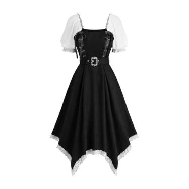 Imagem de ROSE GAL Plus Size Womens Medieval Renaissance Ren Fairies Dress Square Neck Puff Sleeves Ruffles Lace-up Lace Trim Handkerchie Midi Victorian Gothic Costume Dress with Belt(Black_1/4X)