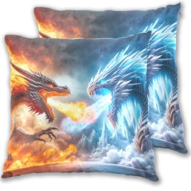 Imagem de ODAWA Capas de almofada decorativas de dragão de fogo e dragão de gelo, capas de almofada decorativas confortáveis de 50 cm, capas de travesseiro de verão