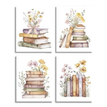 Imagem de Frimeeme Conjunto de 4 impressões de arte de parede de leitura retrô, pôsteres de sala de aula, livros de flores silvestres, arte de parede em tela para sala de aula 20 x 25 sem moldura