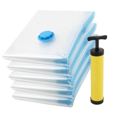 Imagem de Kit 5 Sacos à Vácuo 50x60 cm e bomba para Roupa, Edredom & Cobertor – Premium, Reutilizáveis, Proteção Contra Poeira & Umidade – Armazenamento Inteligente – Storeasy
