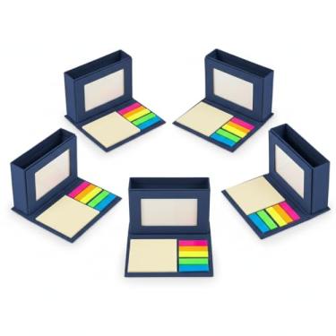 Imagem de Bloco de Notas Adesivas com Porta-Canetas e Porta-Retrato, Papelão Reciclado, Mini, Capa Dura, 5 Cores, 25 Folhas por Bloco, Retangular (5, Azul)