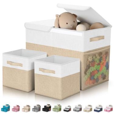Imagem de Fiwochic Pacote com 3 caixas de armazenamento de brinquedos grandes de 58 cm com caixas de armazenamento de cubos de 28 cm, baú organizador de brinquedos dobrável com tampas para berçário, sala de