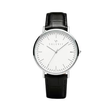 Imagem de Relógio Masculino Minimalista Clássico Solevit Legado Pulseira Couro Preta Caixa Prata 41mm Fundo Branco Analógico Quartzo com Ponteiro de Segundos