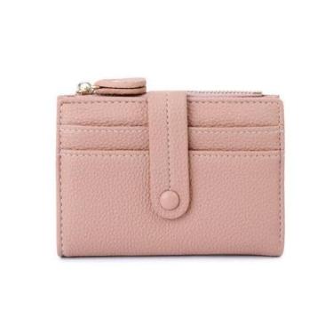 Imagem de Carteira feminina de couro genuíno com dobra dupla/tripla - Suporte minimalista para cartão de crédito com bloqueio de RFID e bolso para moedas, rosa, Casual