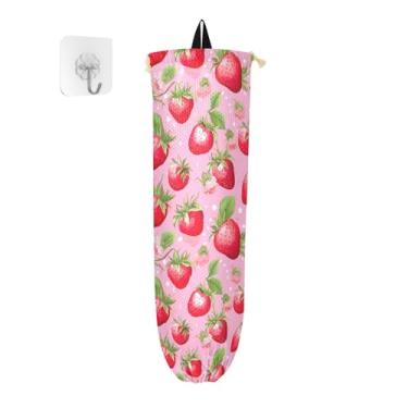 Imagem de Bolsa protetora de morango em vermelho em rosa para sacolas plásticas, suporte de saco de plástico, bolsa de armazenamento de parede