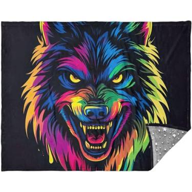 Imagem de Manta de cabeça de lobo neon colorido personalizado para sofá, presente de viagem, presente de viagem para mulheres adultas, 178 cm x 139,7 cm, cobertor macio cinza