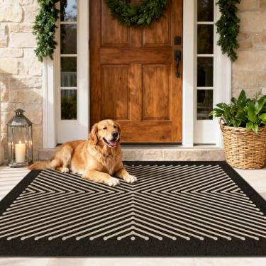 Imagem de Tapete de juta fácil geométrico moderno, lavável, 7,5 x 12,5 cm, preto, neutro, boho, exterior, pátio, área pequena, tapete de tecido, leve, antiderrapante, tapete de porta para quarto, entrada, porta