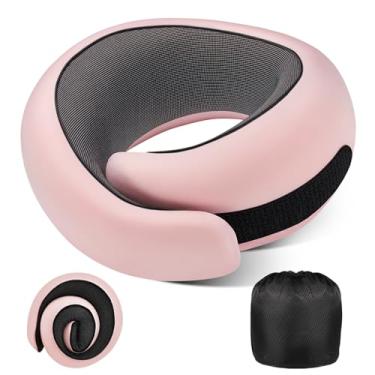 Imagem de 4litamz Almofada de pescoço de avião, 100% espuma de memória pura, almofada de pescoço para viagem, suporte ergonômico e portátil, melhor para dormir, avião, carro, trem, escritório, voo (rosa claro)
