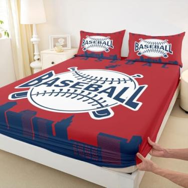 Imagem de Erosebridal Jogo de lençol casal de beisebol, cidade de beisebol, jogos esportivos, decoração de quarto de crianças, adolescentes e adultos, lençol com elástico vermelho, azul escuro (Boston)