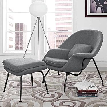 Imagem de Poltrona Womb Chair Com Puff Base Preta Linho Cinza