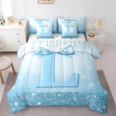 Imagem de Erosebridal Conjunto de edredom Queen com letra G para mulheres, meninas, namorada, linda cama com laço azul em uma bolsa, conjunto de cama de 7 peças, moderno, moderno, conjunto de edredom e edredom