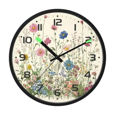 Imagem de SEHANY Herb Wildflower Relógio de parede silencioso sem tique-taque relógio redondo operado por bateria 30 cm controle de som luz noturna relógios de parede para sala de estar, cozinha, quarto