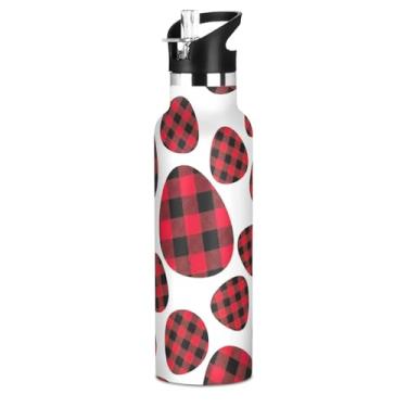 Imagem de Joisal Garrafas de água isoladas para meninos de 590 ml com tampa de palha, vermelho preto buffalo, xadrez, branco, garrafas de água esportivas de aço inoxidável com alça, copos infantis a vácuo de