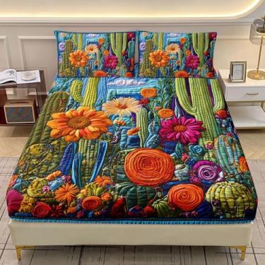 Imagem de AILONEN Jogo de lençol Queen com elástico de cacto ocidental, flores florais coloridas para meninas, tema de deserto, lindo botânico, lençol com bolso profundo e 2 fronhas, 3 peças