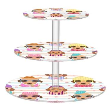 Imagem de Suporte de cupcake colorido para cães dachshund para chá de festa de chá de 3 camadas, copo de acrílico, torre de bolo, suporte de mesa, suporte de bolo para festa, bandeja de sobremesa, chá de bebê