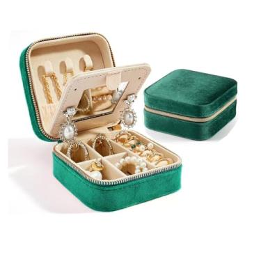 Imagem de Caixa de joias de viagem de veludo de pelúcia, organizador de joias de viagem, caixa de joias de viagem, caixa de joias pequena, caixa de viagem de joias, organizador de brincos com espelho (verde