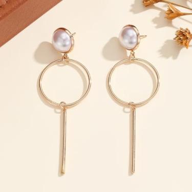Imagem de Brincos de pérola simulados delicados para mulheres, acessórios de moda hipoalergênicos, brincos pendentes de ouro, Medium, Metal, Sem pedra preciosa