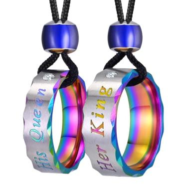 Imagem de UTHOSMDO Colares para casais His Queen Her King para o Dia dos Namorados, contas de humor que mudam de cor, anéis de aço inoxidável azul e rosa, conjunto de colar de corda de nylon ajustável, 80cm