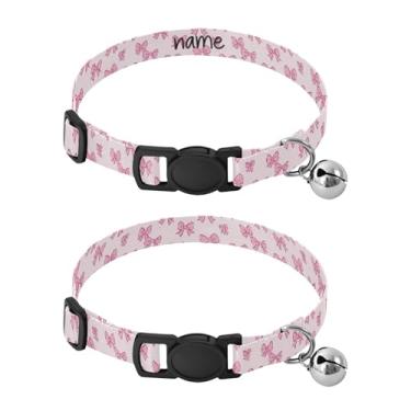 Imagem de SEHANY Conjunto de 2 coleiras de cachorro com laço rosa fofo, fivela de plástico resistente, leve, macia e leve, com sino pequeno, coleiras personalizadas com nome de animal de estimação para meninos