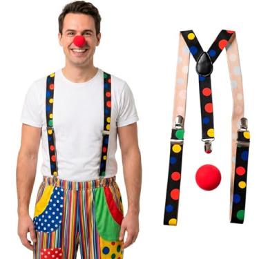Imagem de Kit Fantasia Palhaço Festa Carnaval Adulto Masculino Suspensório de Bolinhas Coloridas Ajustável e Nariz Vermelho