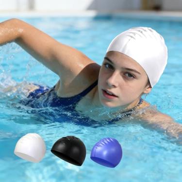Imagem de Toucas de natação para cabelos longos, toucas de natação de silicone duráveis para mulheres, homens, adultos e jovens, fáceis de colocar e tirar