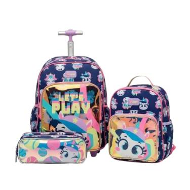 Imagem de Puket - Kit Unicórnio Tênis: Mochila C/Rodinha G + Estojo Triplo + Lancheira Térmica Azul-marinho - Puket