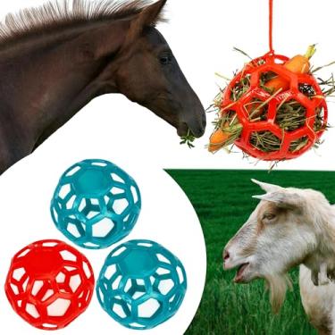 Imagem de mayoken Pacote com 4 brinquedos alimentadores de feno para cavalos, cabras, ovelhas e pôneis, enriquecimento para aliviar o estresse e evitar o tédio (vermelho + azul)