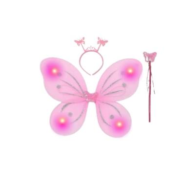 Imagem de Conjunto de 4 peças de fantasia de fada de borboleta LED princesa cosplay com asas, saia tutu, varinha (Tiara +Asa +Varinha - ROSA LED, Tamanho único)