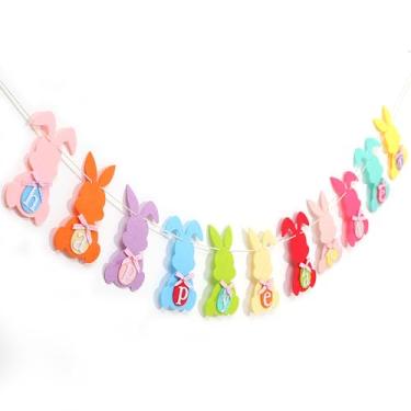 Imagem de Faixa de Feliz Páscoa - Guirlanda de feltro com coelho multicolorido, letras e laço, decoração de casa de fazenda de primavera para parede de manto, decorações de festa em casa, berçário de Páscoa