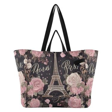 Imagem de SEHANY Sacola de compras reutilizável da Torre Eiffel de Paris com alças reforçadas, bolsa de compras de lona dobrável à prova d'água de grande capacidade para viagem, cozinha, praia