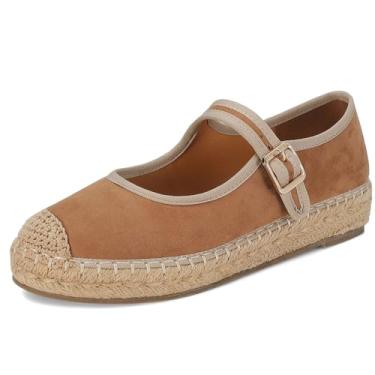 Imagem de Plataforma Mary Jane Sapatilhas femininas de malha confortável tecido ráfia alpargatas rasteiras verão elegante fivela fivela sapatilha bailarina, Camurça marrom, 41