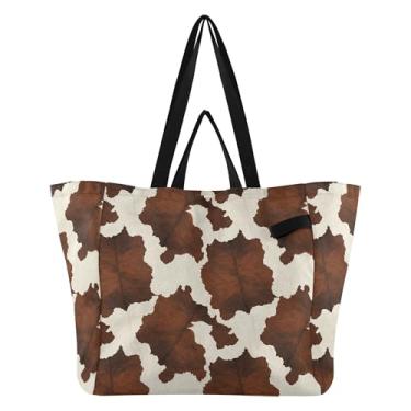 Imagem de SEHANY Sacolas de compras reutilizáveis com estampa de vaca marrom e branca com alças reforçadas, bolsa de compras de lona dobrável à prova d'água de grande capacidade para viagem, cozinha, praia