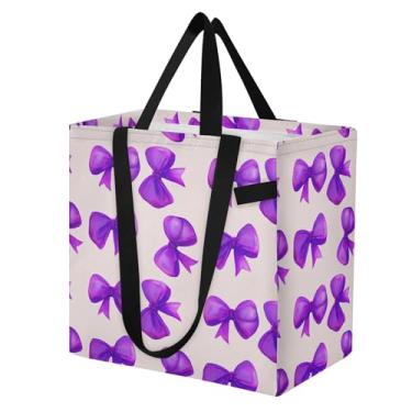 Imagem de SEHANY Sacolas de compras reutilizáveis com laço roxo fofo com alças reforçadas, bolsa de compras de lona dobrável à prova d'água de grande capacidade para viagem, cozinha, praia