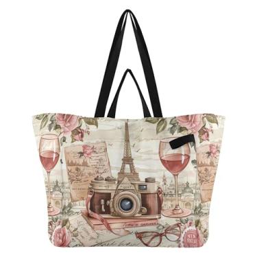 Imagem de SEHANY Sacola de compras reutilizável da Torre Eiffel de Paris com alças reforçadas, bolsa de compras de lona dobrável à prova d'água de grande capacidade para viagem, cozinha, praia