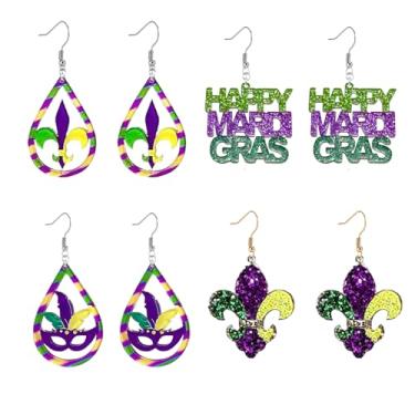 Imagem de DEYOUM 4 pares de brincos de carnaval para mulheres de acrílico colorido MARDI GRAS Carnaval coroa máscara com pingente de letra brincos pendentes festa feriado joia presente acessório, Medium