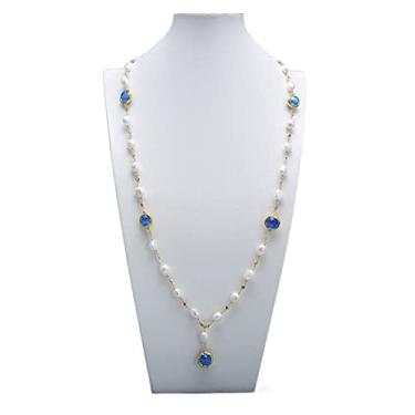 Imagem de Colar feminino com pingente longo de olho de gato azul facetado com pérola branca Keshi