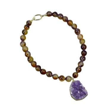 Imagem de DWBPGVUN Colar de contas redondas lisas de jade de cores mistas ametista quartzo pingente geodo áspero joia presente para mulheres