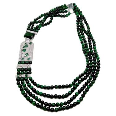 Imagem de DWBPGVUN Colar gargantilha com olhos de tigre verde redondo de 50,8 cm, 4 fios, 6 mm, para festas, escritório, para mulheres