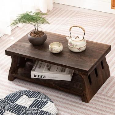 Imagem de WEASATRY Mesa de centro japonesa, mesa de centro baixa de madeira maciça preta vintage, mesa de chá de madeira dobrável para sala de estar, tatame e meditação (clássico, preto rústico, 50 cm de