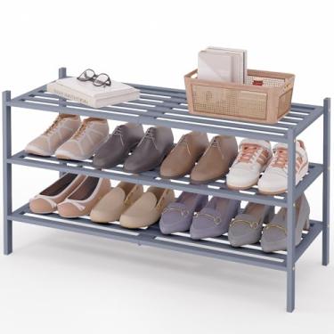 Imagem de Smiry Sapateira longa de bambu de 3 camadas, organizador de sapatos empilhável de madeira para entrada e armário, prateleira de armazenamento de sapatos de madeira independente para porta da frente e