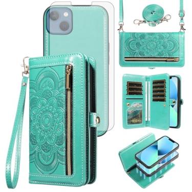 Imagem de Capa de celular para iPhone 13 Mini 5,4 polegadas com zíper carteira de celular com protetor de tela de vidro temperado alça de pulso porta-cartão flor iPhone13mini i-Phone 13minicase i iPhone13