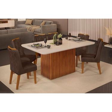Imagem de Conjunto: Mesa de Cozinha Canes c/ Tampo Madeirado c/ Vidro Curvo 170x90cm e 6 Cadeiras Stela Freijo/Off White - Ipe/Suede Moca - DJ Móveis